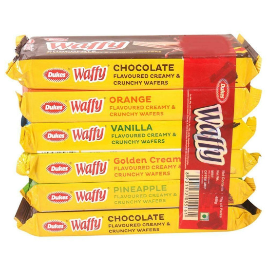Dukes Waffy Creamy & Crunchy Wafers Assorted Pack 75 G (Pack Of 6) - Delightful Snack Variety