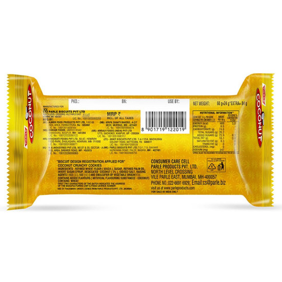 Parle Coconut Crunchy Cookies 60 G - Delicious Tea-Time Biscuits