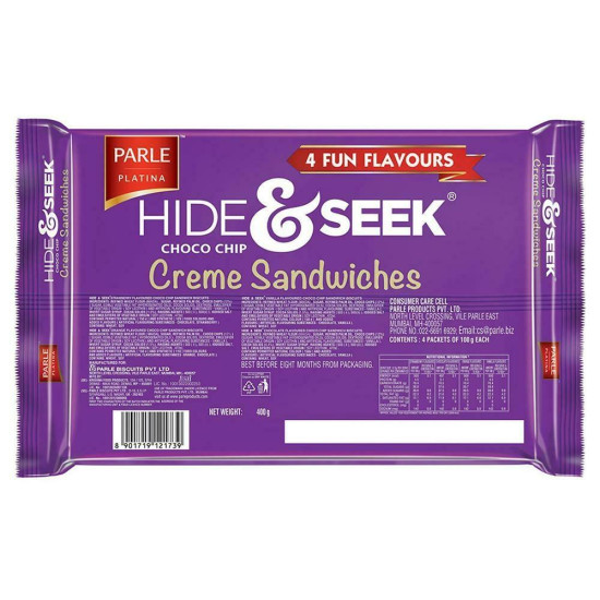 Parle Hide & Seek 4 Fun Flavours Choco Chip Creme Sandwich Biscuits - Delicious Tea-Time Snack