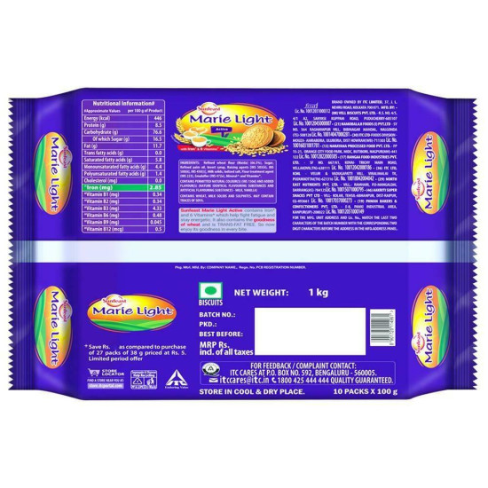 Sunfeast Marie Light Biscuits 1 Kg - Enriched with Natural Wheat Fibre
