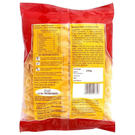 Bambino Premium Penne Pasta 250 G - High-Quality Durum Wheat