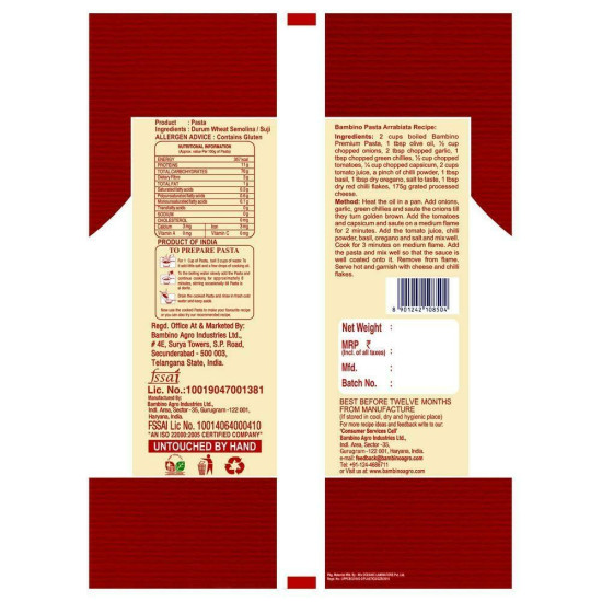 Bambino Premium Spiral Pasta 500 G - High-Quality Whole Wheat