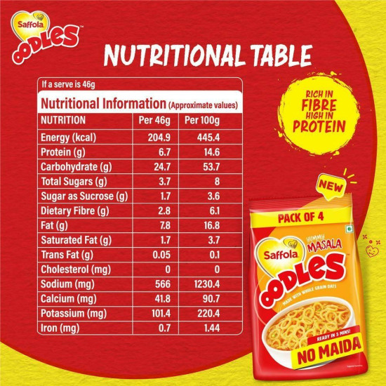 Saffola Oodles Yummy Masala Noodles - Delicious Ring Noodles Pack Of 4