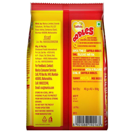 Saffola Oodles Yummy Masala Noodles - Delicious Ring Noodles Pack Of 4
