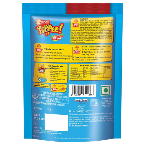 Sunfeast Yippee Creamy Corn Tricolor Instant Pasta - Delicious Snack & Meal