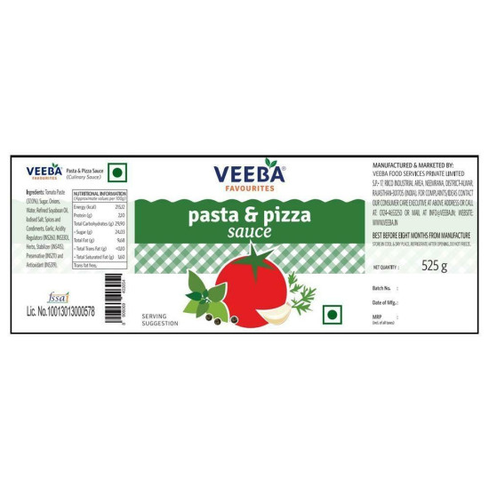 Veeba Pasta & Pizza Sauce 525 G - Authentic Italian Flavor