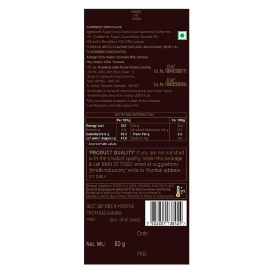 Cadbury Bournville Cranberry Dark Chocolate 80 G - Rich & Indulgent