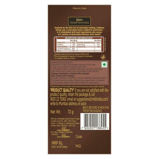 Cadbury Temptations Almond Treat Chocolate 72g - Rich & Creamy Delight