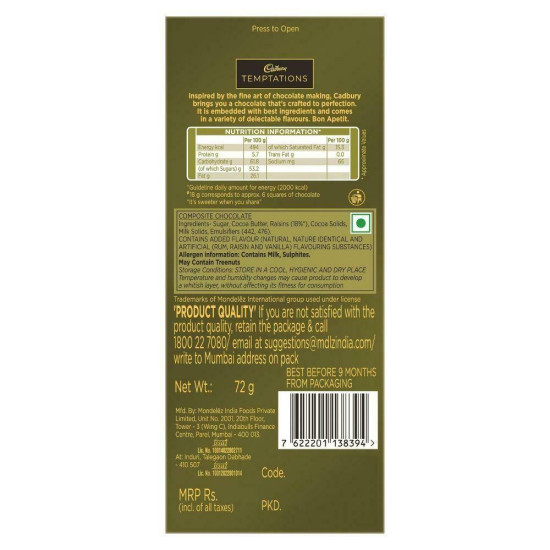 Cadbury Temptations Rum and Raisins Chocolate - Indulgent Delight