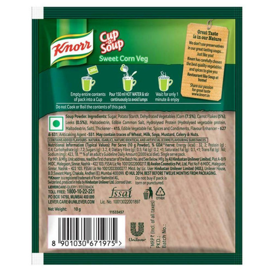 Knorr Sweet Corn Veg Instant Cup-A-Soup 9.5 G - Delightful and Quick