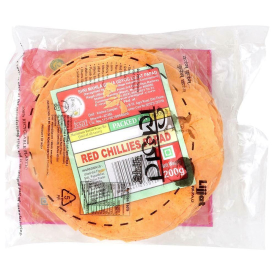 Lijjat Red Chillies Udad Papad 200 G - Authentic Indian Snack