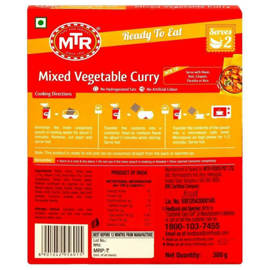 MTR Ready To Eat Mix Vegetable Curry 300 G - Convenient Indian Meal