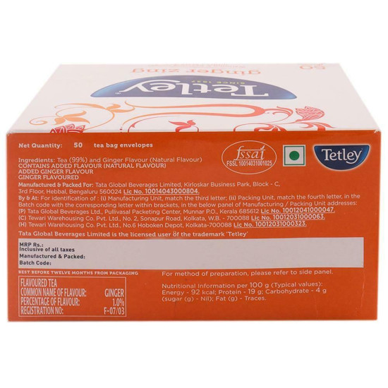 Tetley Ginger Leaf Tea Bags 50 Pcs - Invigorating Ginger Flavor