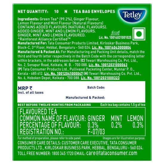 Tetley Ginger Mint And Lemon Green Tea Bags - Refreshing & Aromatic