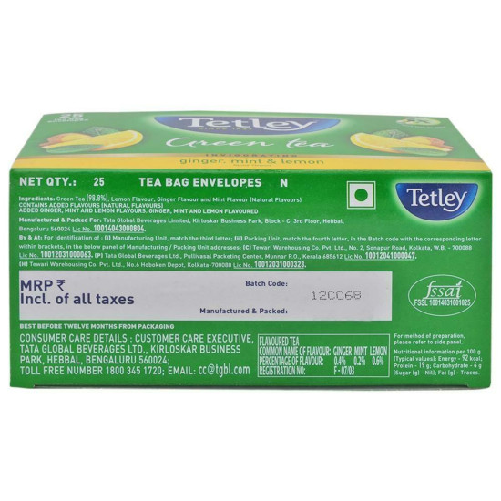 Tetley Ginger Mint And Lemon Green Tea Bags 25 Pcs - Refreshing Herbal Blend