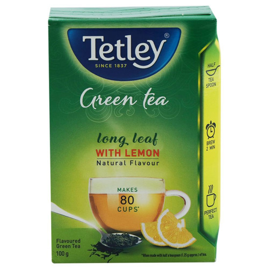Tetley Long Leaf With Lemon Natural Green Tea 100 G - Refreshing Citrus Flavor