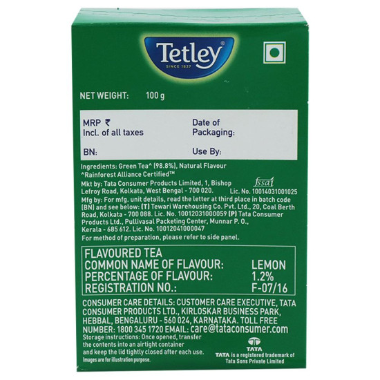 Tetley Long Leaf With Lemon Natural Green Tea 100 G - Refreshing Citrus Flavor