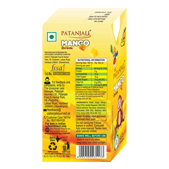 Natural Mango Beverage Tetra Pack 160 ml - Refreshing Mango Drink