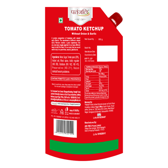 Patanjali Tomato Ketchup without Onion Garlic 950 ml - Tangy Delight