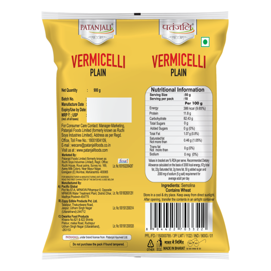 Patanjali Vermicelli Plain 900 g - Authentic Taste & Quality