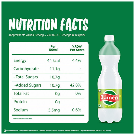 Limca Soft Drink - Lime & Lemon Flavoured 750 ml - Refreshing Lemony Fizz