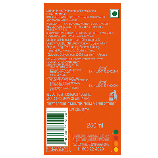 Mirinda Soft Drink - Orange 250 ml - Refreshing Beverage
