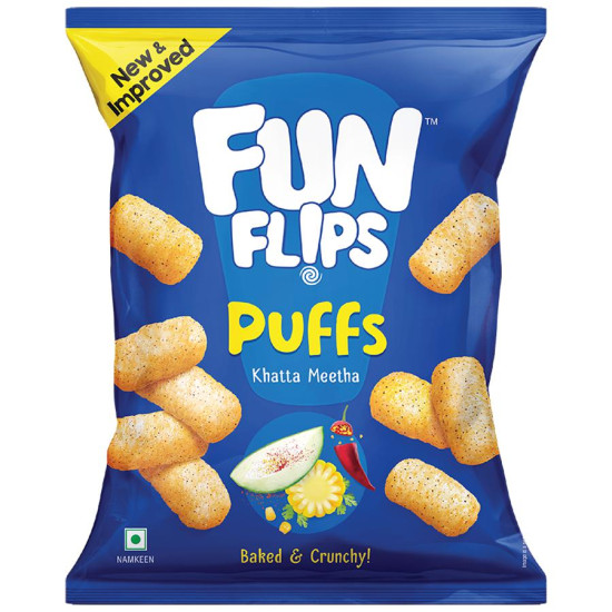Fun Flips Puffs - Khatta Meetha, Baked & Crunchy - Delicious Flavours