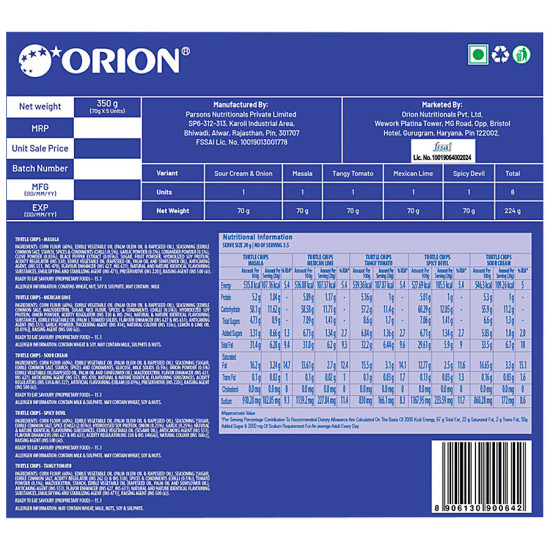 Orion Turtle Chips Assorted Corn Chips 350 g - Crispy & Flavorful Snack