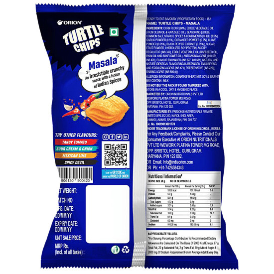 Orion Turtle Chips - Masala 70 g - Crunchy Masala Flavor