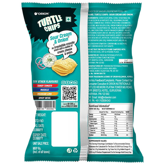 Orion Turtle Chips - Sour Cream & Onion 70 g - Crispy Corn Snack