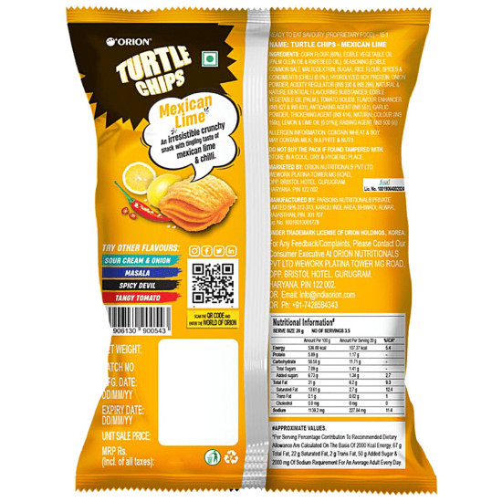 Orion Turtle Chips - Mexican Lime 70 g - Tangy and Spicy Crunch