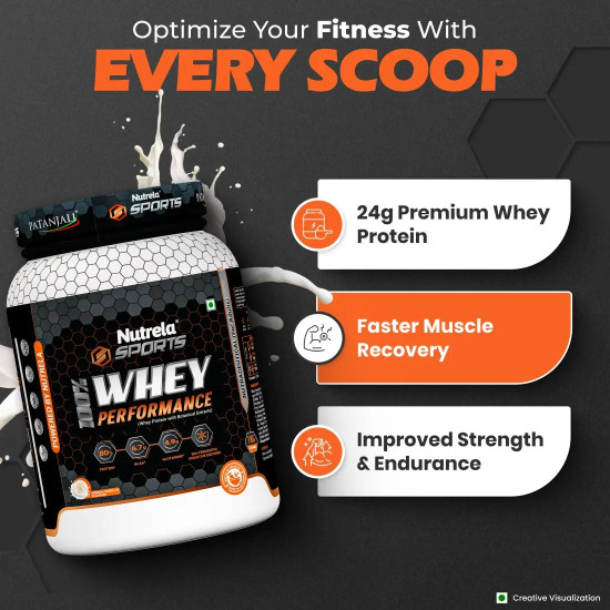 Patanjali Nutrela 100% Whey Performance – French Vanilla | 1kg Protein with Hadjod, Spinach, Shiitake, Corn & Rosehip | Fast Recovery, Stamina, Energy