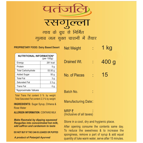 Patanjali Rasgulla 1 kg - Authentic Indian Sweet Delight