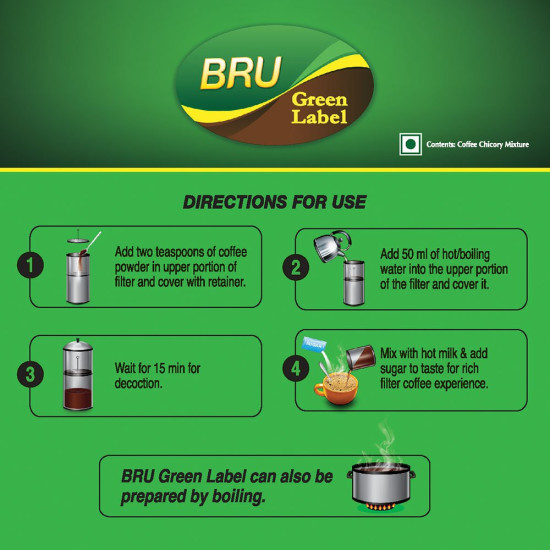 BRU Green Label Filter Coffee Powder 500 g Pouch|| Lightly Roasted Ground Coffee Beans from South India - Rich & Strong Blend of Coffee & Chicory