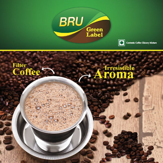BRU Green Label Filter Coffee Powder 500 g Pouch|| Lightly Roasted Ground Coffee Beans from South India - Rich & Strong Blend of Coffee & Chicory