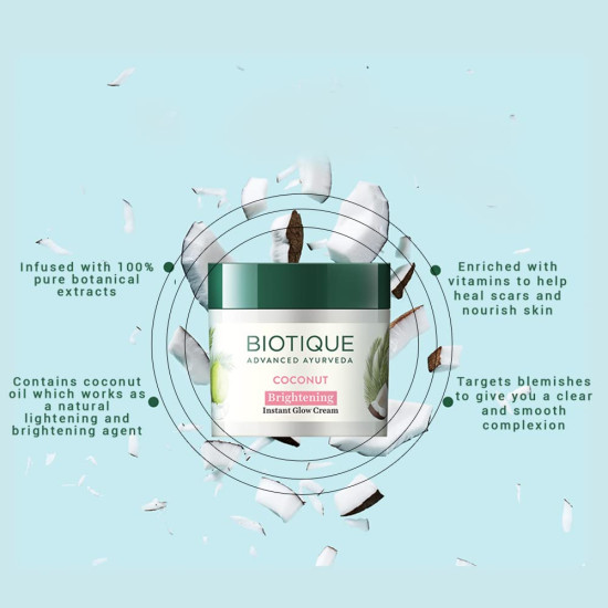Biotique Coconut Brightening Instant Glow Cream - Lightweight & Non-Greasy