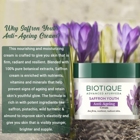 Biotique Bio Saffron Dew Youthful Moisturizer Cream - Protects Skin Cells