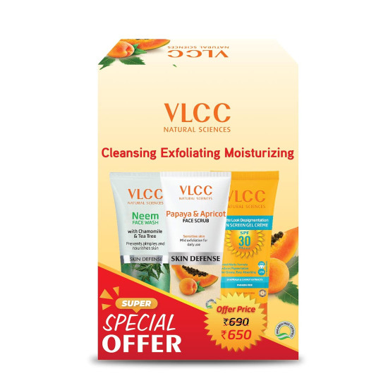 VLCC Neem Face Wash, Papaya & Apricot Face Scrub & Matte Look SPF 30 Sunscreen - Complete Skincare Trio