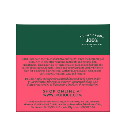 Biotique Fruit Brightening Depigmentation and Tan Removal Face Pack - 100% Botanical Extracts