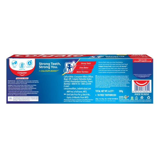 Colgate Strong Teeth Toothpaste 300g with Free Toothbrush - 2X Stronger Teeth