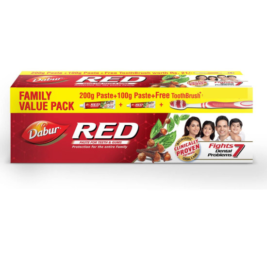 Dabur Red Toothpaste - 300g Family Pack with Toothbrush | Fluoride Free Ayurvedic Formula