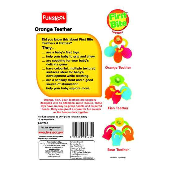 Giggles Funskool Orange Teether - Soothing Baby Teether with Rattle Sounds