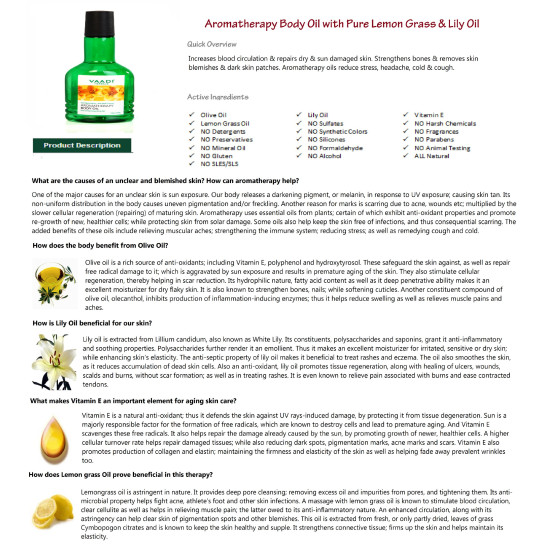 Vaadi Herbals Aromatherapy Body Oil, Lemongrass and Lily - Deep Nourishment
