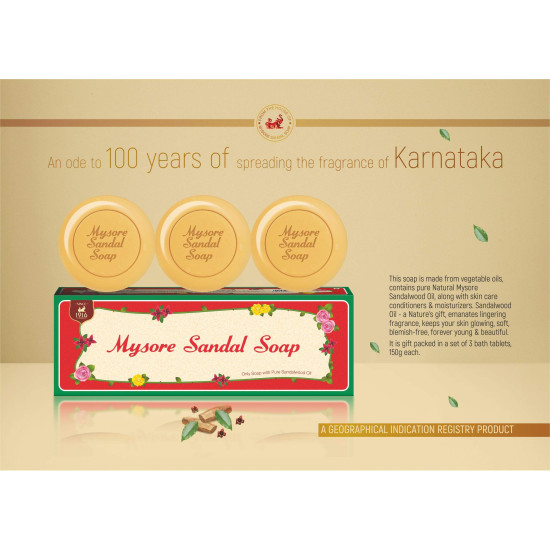 Mysore Sandal Soap, 450g (150x3) Pack Of 3 - Natural Sandalwood Fragrance