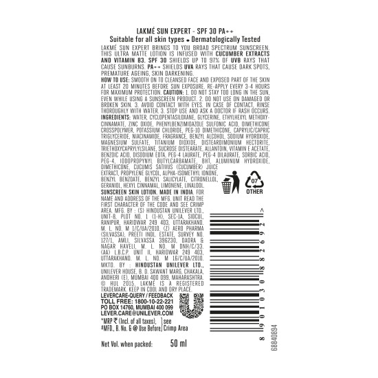 LAKMÉ Sun Expert SPF 30 PA++ Ultra Matte Lotion Sunscreen - Ultimate Sun Protection