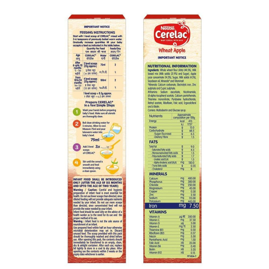 Nestle Cerelac Baby Cereal with Milk - Wheat Apple, Stage 1 - Source of Iron & Protein