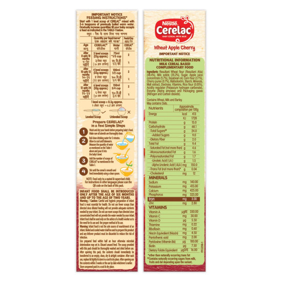 Nestle Cerelac Baby Cereal with Milk - Wheat Apple Cherry - Source of Iron & Protein