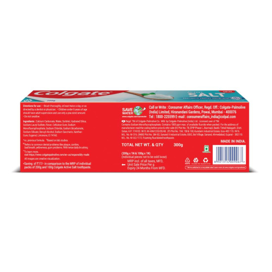 Colgate Active Salt Toothpaste Pack of 2 - Daily Germ Protection & Fresh Breath