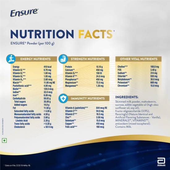 Ensure No 1 Nutritional Supplement Drink in the world 32 nutrients High Protein,Calcium,Vit D, Vanilla 400g/375g, Wt may vary
