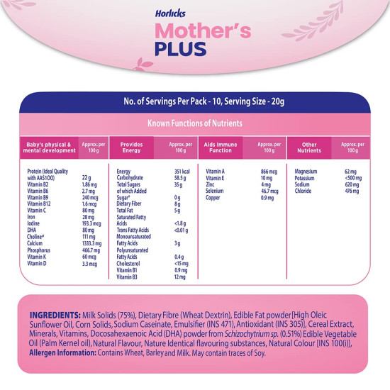 Horlicks Mother's Plus Vanilla 200g Refill - No Added Sugar Protein Powder